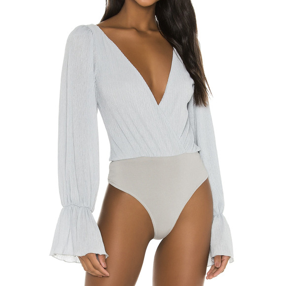 Tularosa Dusty Blue Wrap Top Bodysuit SMALL Pirate Sleeves Pleated Boho $158 NEW - Picture 2 of 7